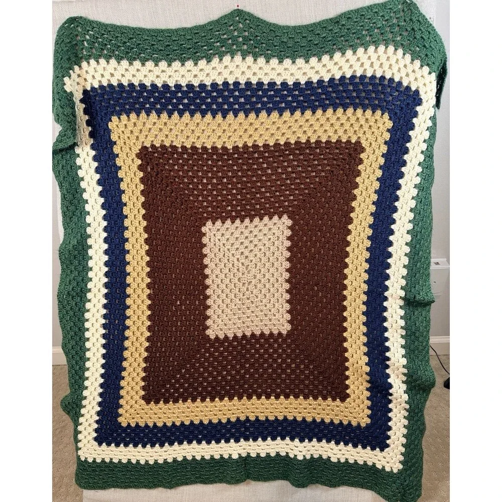 Handmade Crochet Afghan Granny Square Blanket Throw Green Navy Tan Vintage 47x45